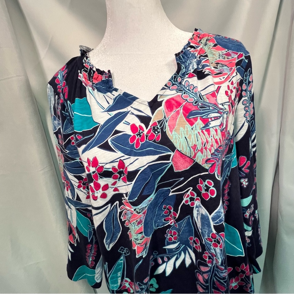 Chicos Blue Floral Print Women's Top 3/4 Sleeve Vacation Tropical Size 2 (12/14)
